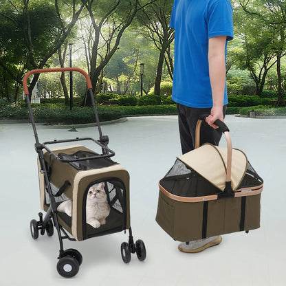 Foldable I YAN pet stroller for small and medium pets with sunshade, cushions, safety locks, and 2-tier design for travel.