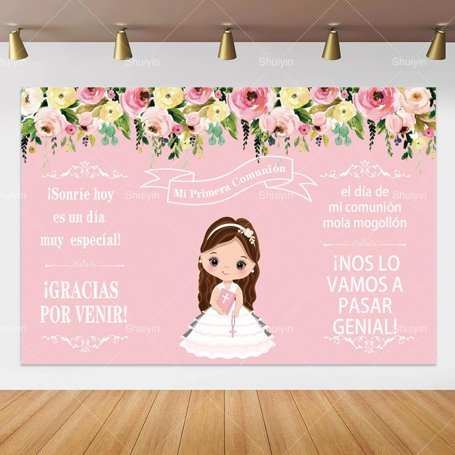 Boy Girl First Communion Backdrop Gold Cross Grail God Bless Baptism Party Decor Background Christening Baby Shower Photo Props