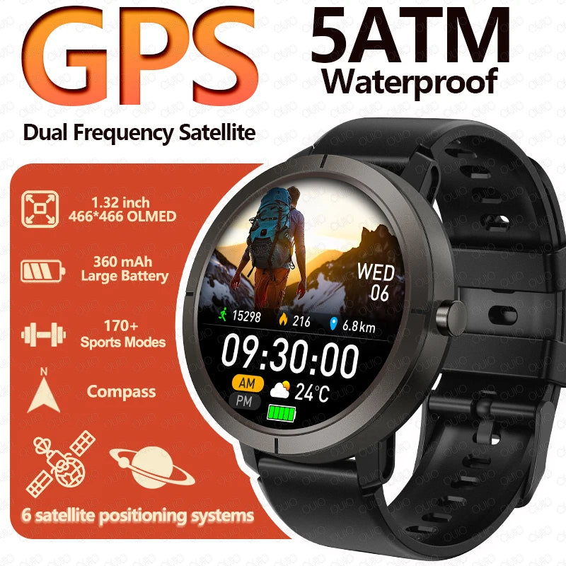 New GPS Positioning Smart Watch 1.32AMOLED 5ATM Waterproof Women Men Health Bluetooth Call 360mAh Compass 170+Sports Mode SmartWatch