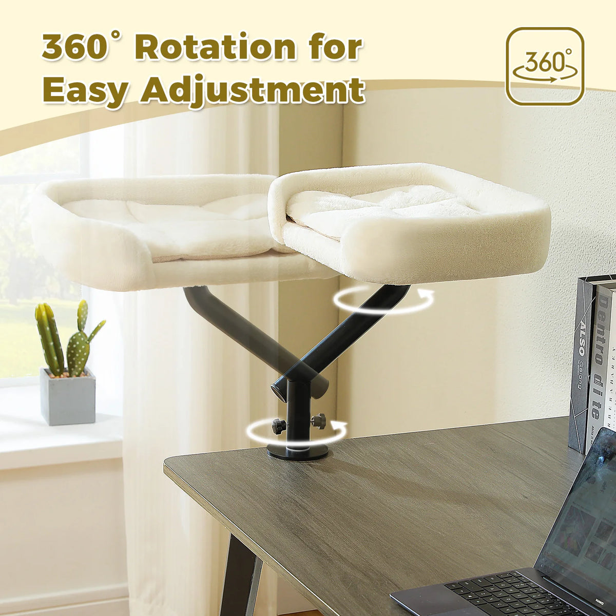 Soft I YAN cat desk bed on a table, featuring a 360° rotatable stand and adjustable hammock for indoor cats.