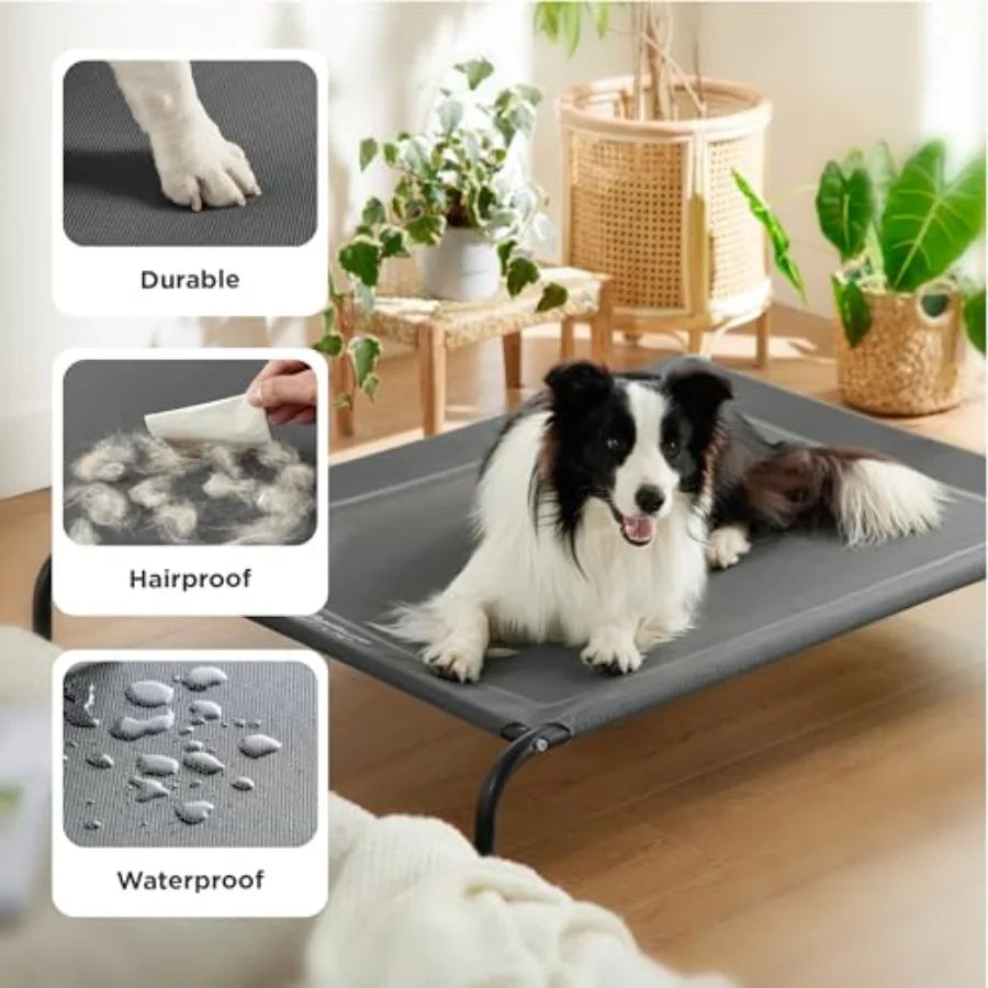 Large outdoor elevated dog bed by I YAN with breathable Teslin mesh, portable raised camping pet cot hammock, weather-resistant design