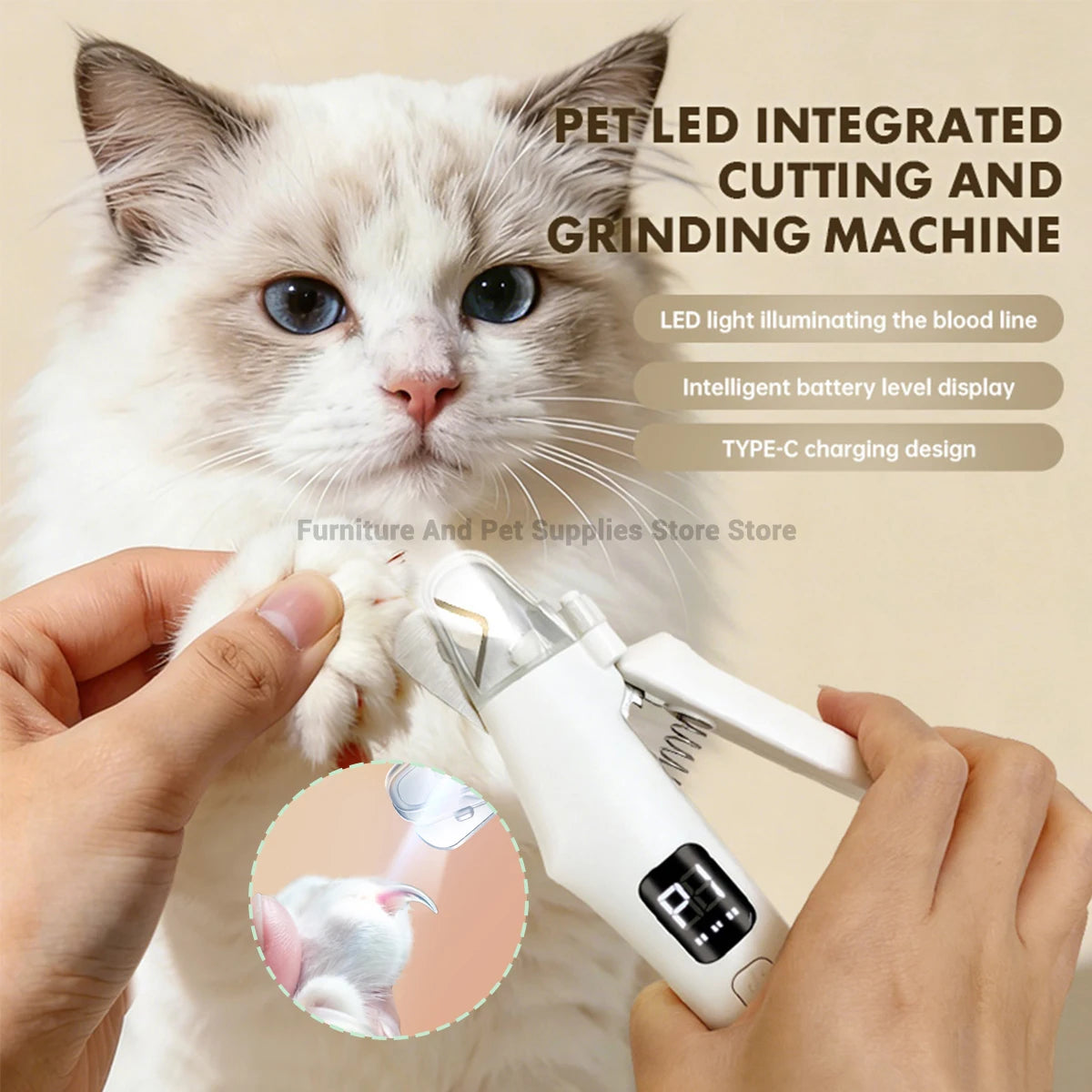I YAN 2-in-1 electric pet nail grinder with LED lights, suitable for small to large dogs and cats, showing the device on a table.