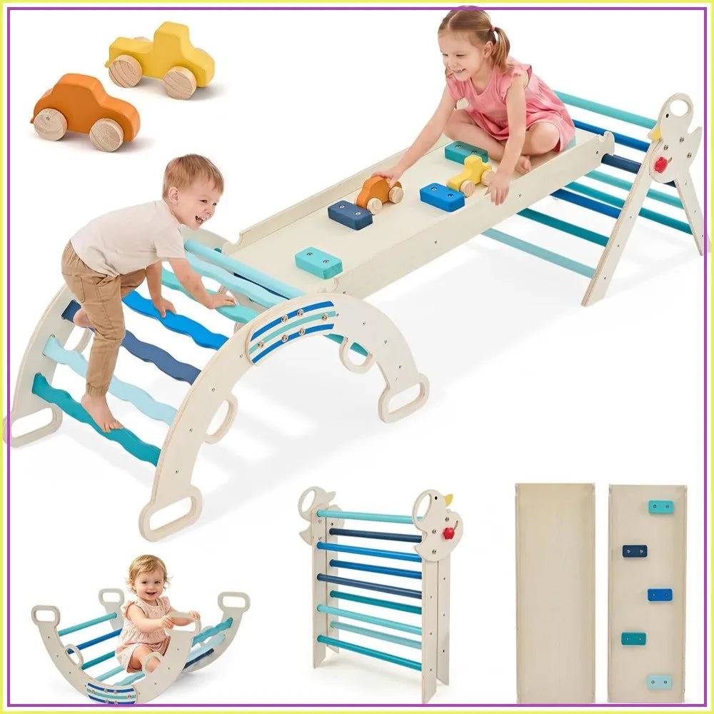 I YAN 7-in-1 foldable Pikler triangle set with wooden arch, slide, and ladder, designed for toddlers’ indoor climbing and play.