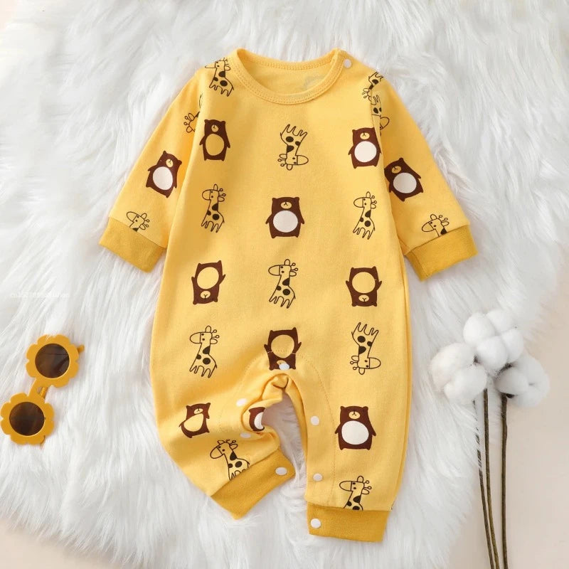 Baby I YAN cotton romper with cute cartoon long sleeves, perfect for newborns and toddlers ages 0-18 months.