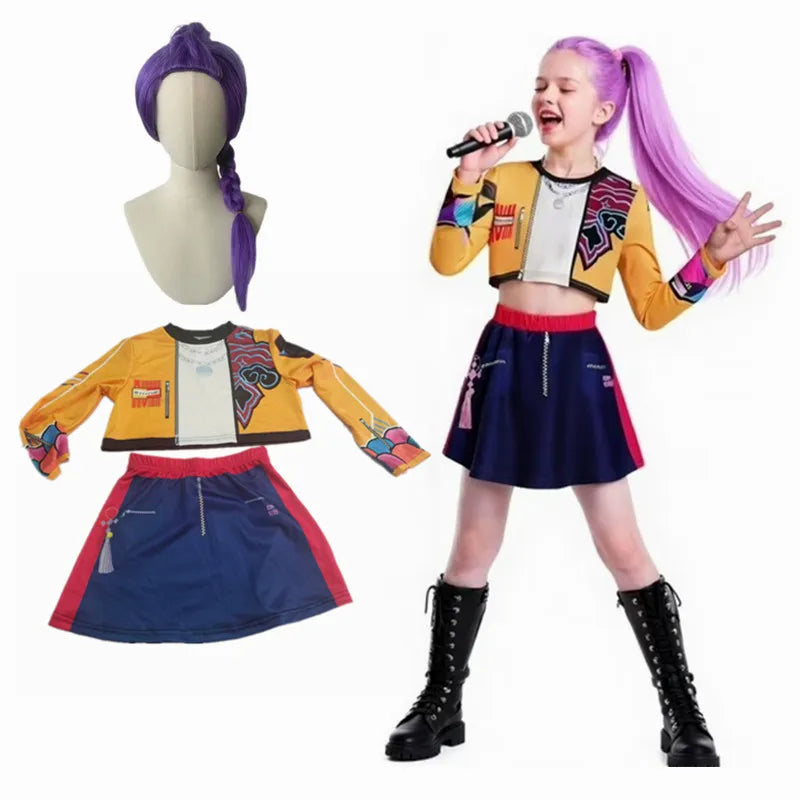 Pink K-pop Rumi cosplay wig bag for kids, featuring vibrant hair and playful design, ideal for Halloween, carnival, or cosplay events.