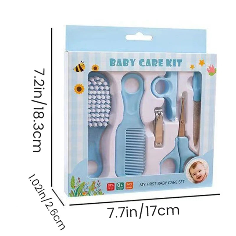 Pink and blue 5-in-1 baby grooming kit by I YAN with brush, comb, and nail tools for newborn care.