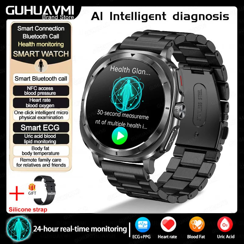 New Health Watch Uric Acid Blood Pressure Blood oxygen Body Analysis Body Fat SmartWatch ECG+PPG Bluetooth call Clock Women Men