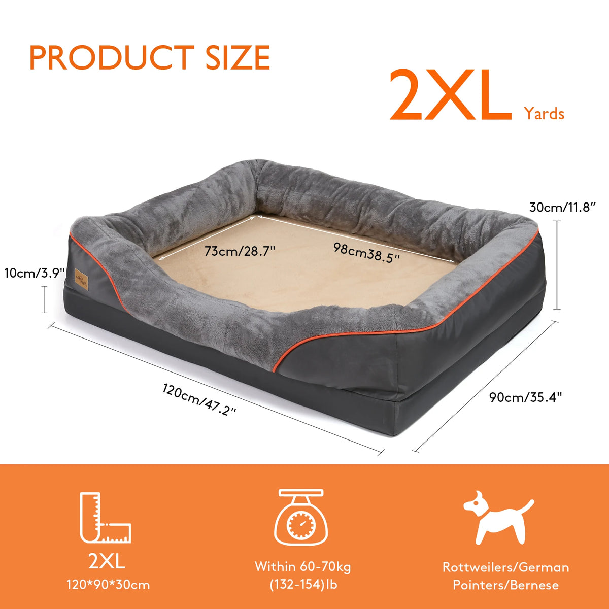 Soft orthopedic foam dog bed with cotton-padded bolster, removable cover, available in L to 3XL from I YAN.
