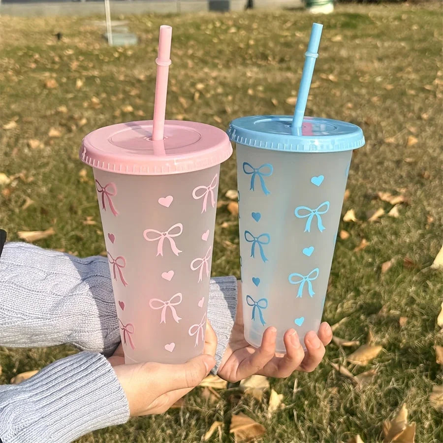 2/20pcs  Reusable Party Cups with Straw & Lid Cute Bow Plastic Tumblers for Cold Drinks Home Office Outdoor Use
