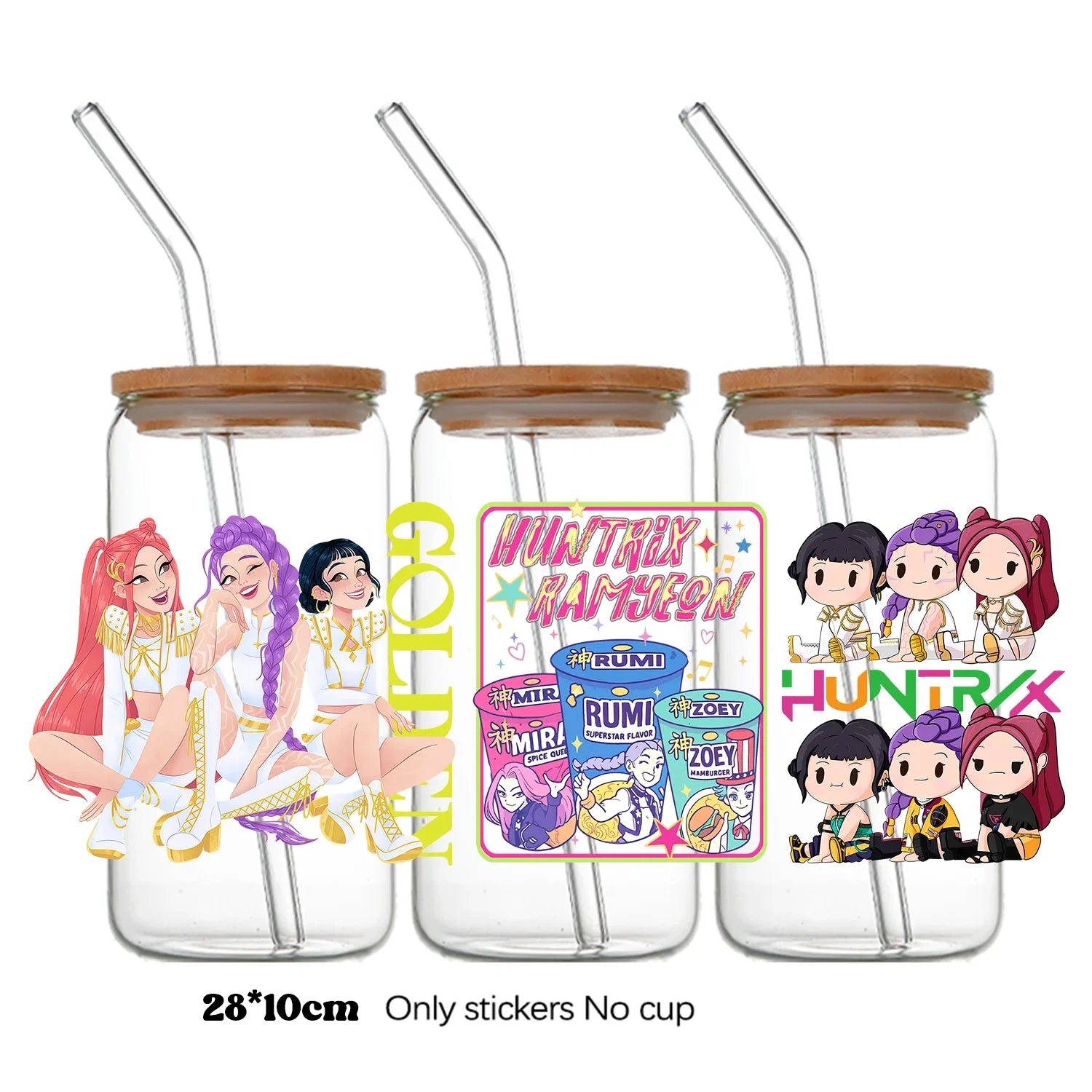 Demon Hunters UV DTF crystal sticker by I YAN showing a colorful design on a transparent decal for bottles and cups.
