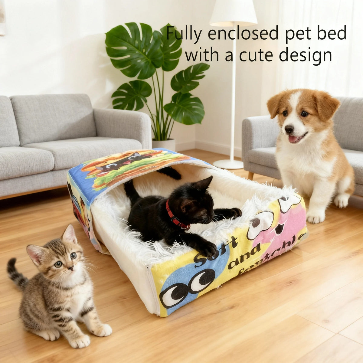 I YAN BOOTEELY cartoon hamburger black cat plush snack box bed, cozy and spacious pet nest with cute design for comfortable cat rest.