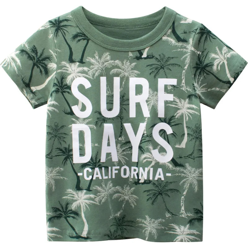 I YAN OLEKID 2025 summer boys' T-shirt with colorful cartoon print, short sleeves, suitable for ages 2-8 years.