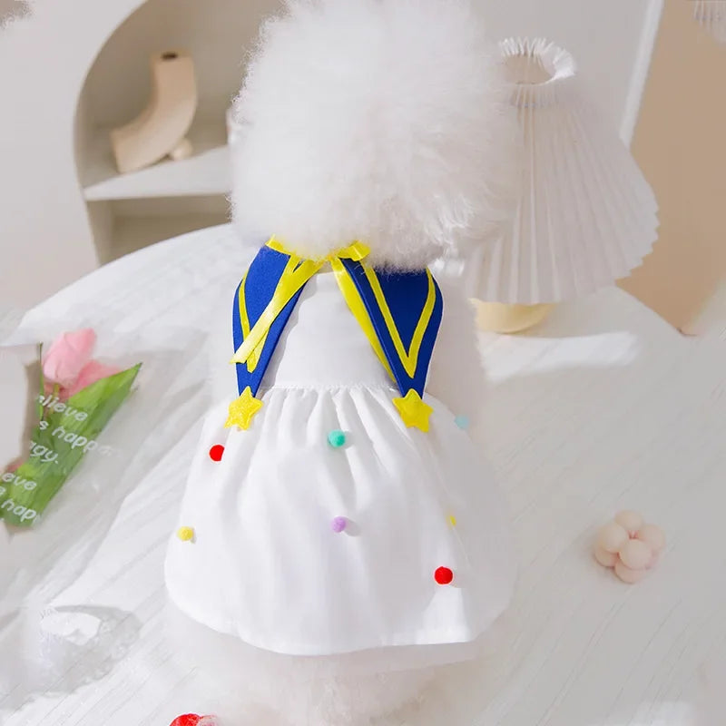 Cute dog princess dress by I YAN featuring mesh fabric, lace details, bow accents, perfect for small dogs like Poodles and Chihuahuas.