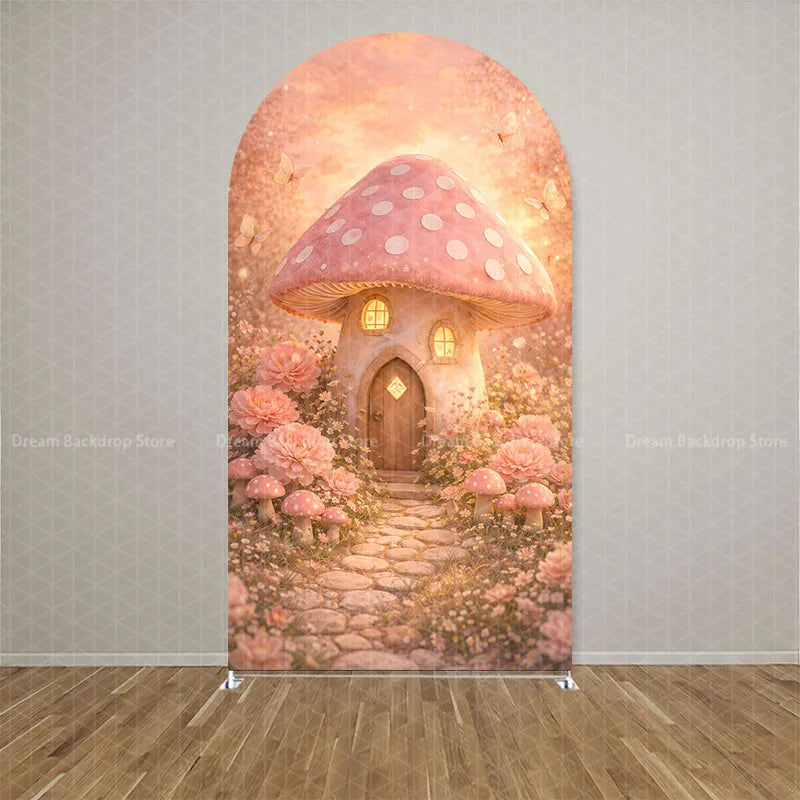 Custom Double-sided Wonderland Fairy Mushroom Butterfly Arch Backdrop Cover Girls Birthday Party Baby Shower Decor Background