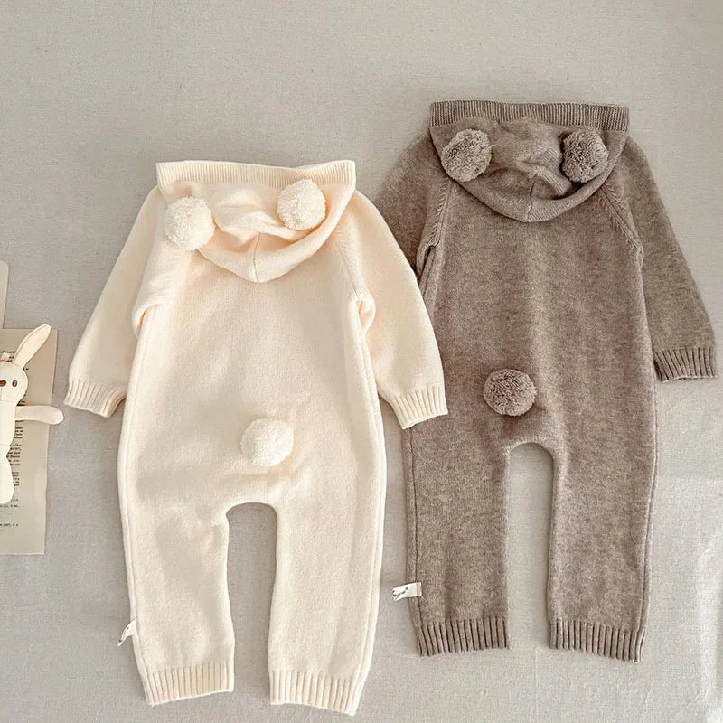 2026 New Spring 0-24M Toddler Baby Boys Girl Knitted Romper Long Sleeved Solid Color Hooded Infant Baby Knitted Jumpsuit