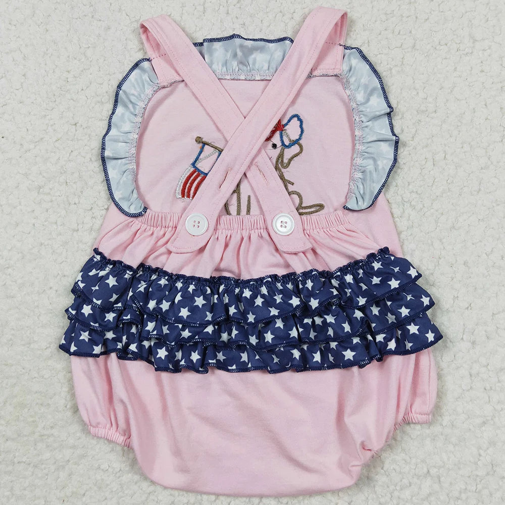 Pink baby girl romper with 4th of July dog print, I YAN boutique toddler bubble bodysuit for kids and toddler girls.
