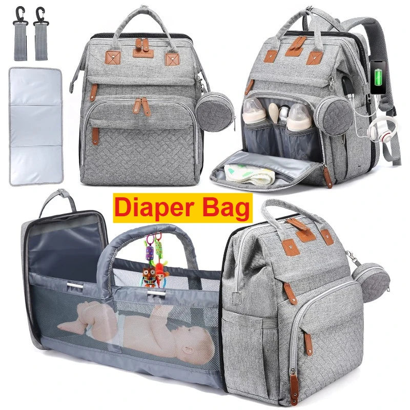 5In1 Diaper Bag Backpack Foldable Baby Bed Waterproof Bag with USB Charge Nappy Stroller Bag with Changing Bed 3Types for Travel