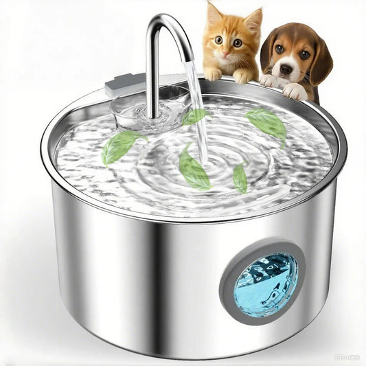 I YAN stainless steel cat water fountain with 108oz capacity, automatic pet dispenser, and replaceable filters for dogs and cats.