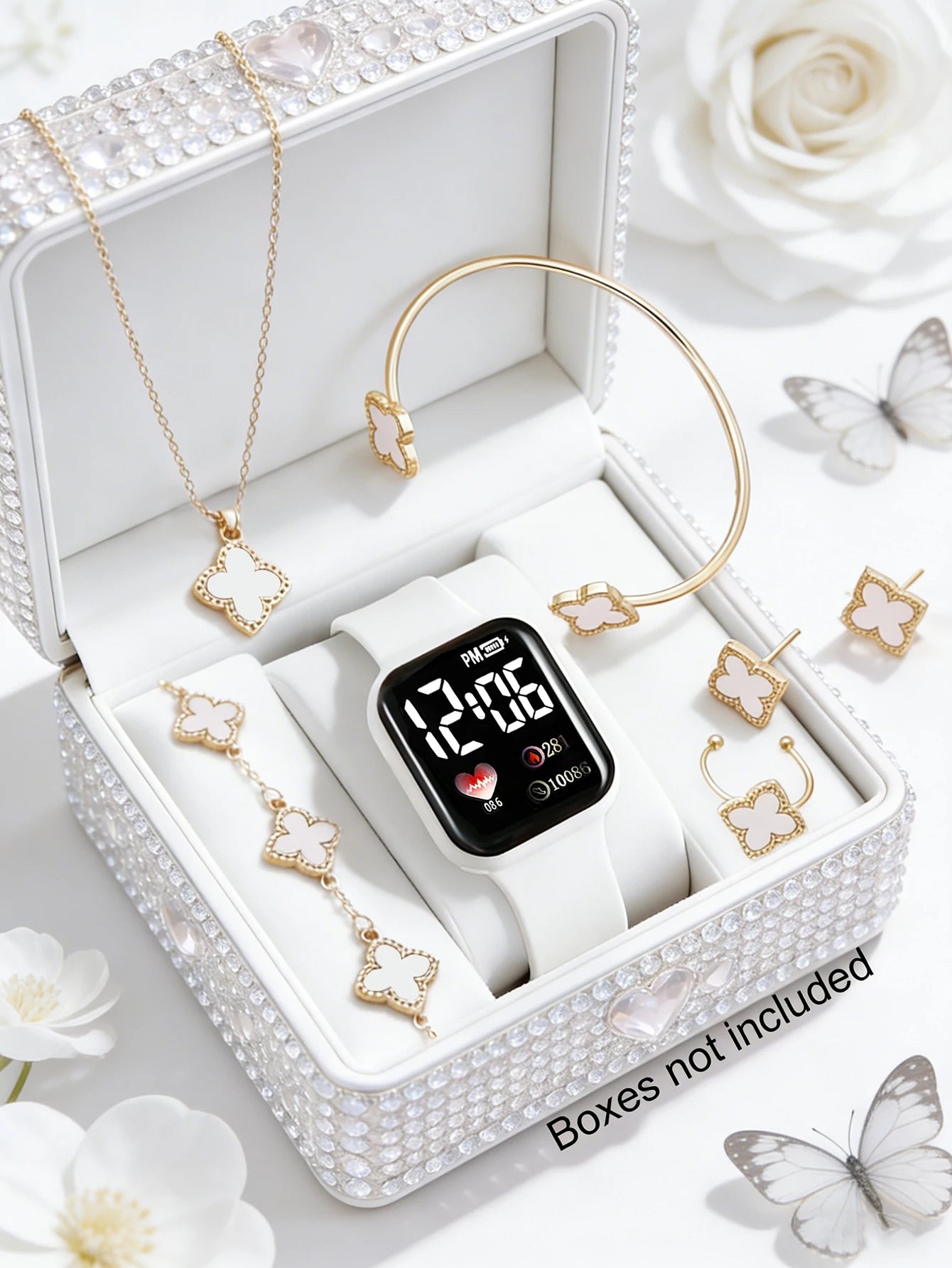 Fashionable Square Electronic Watch Set with Four-leaf Clover Design Versatile Daily Wear Gift for Birthdays