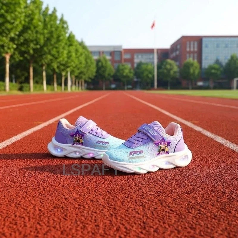 Kpop Demon Hunters Children Sneakers for Girls New Led Mesh Casual Shoes Kids Breathable Glowing Up Tennis Sport Shoes