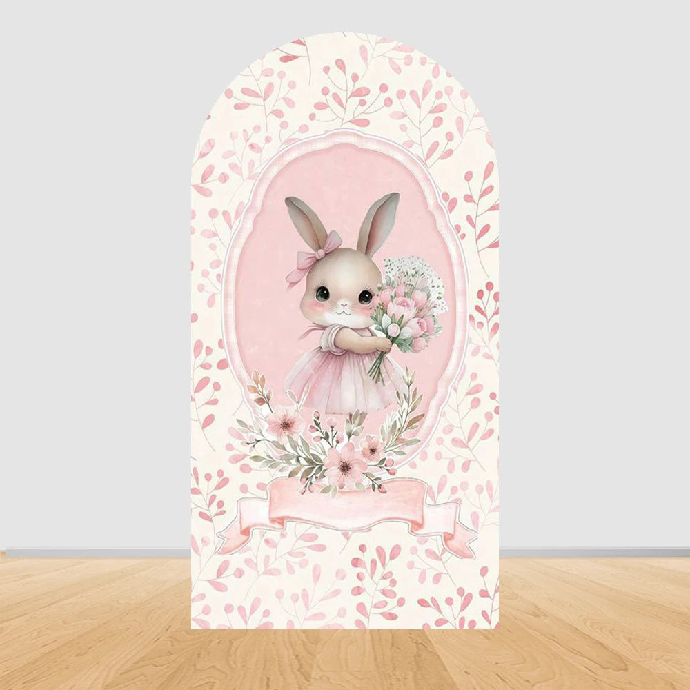 Easter Bunny Rabbit One Birthday Arch Backdrop Cover Pink Dress Floral Bowknot Sweetheart Girl Cake Party Decor Photo Wall