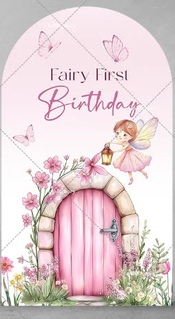 Fairy Girl 1st Birthday Party Arch Backdrop Spring Garden Pink Purple Butterfly Floral Mushroom Door Baby Shower Backgrounds