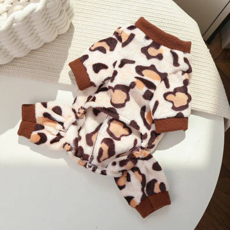 Leopard Dinosaur Dog Pajamas – Warm Fleece Jumpsuit for Small Dogs