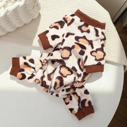 Leopard Dinosaur Dog Pajamas – Warm Fleece Jumpsuit for Small Dogs