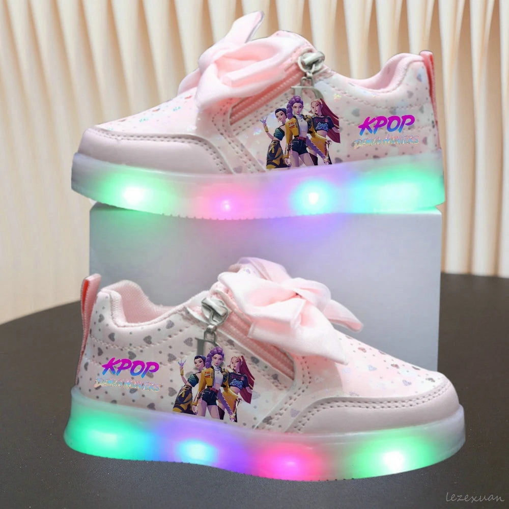 LED Casual Sneakers For Spring Girls KPop Demon Hunters Printed Mesh Breathable Shoes Children Lighted Non-slip Pink Purple