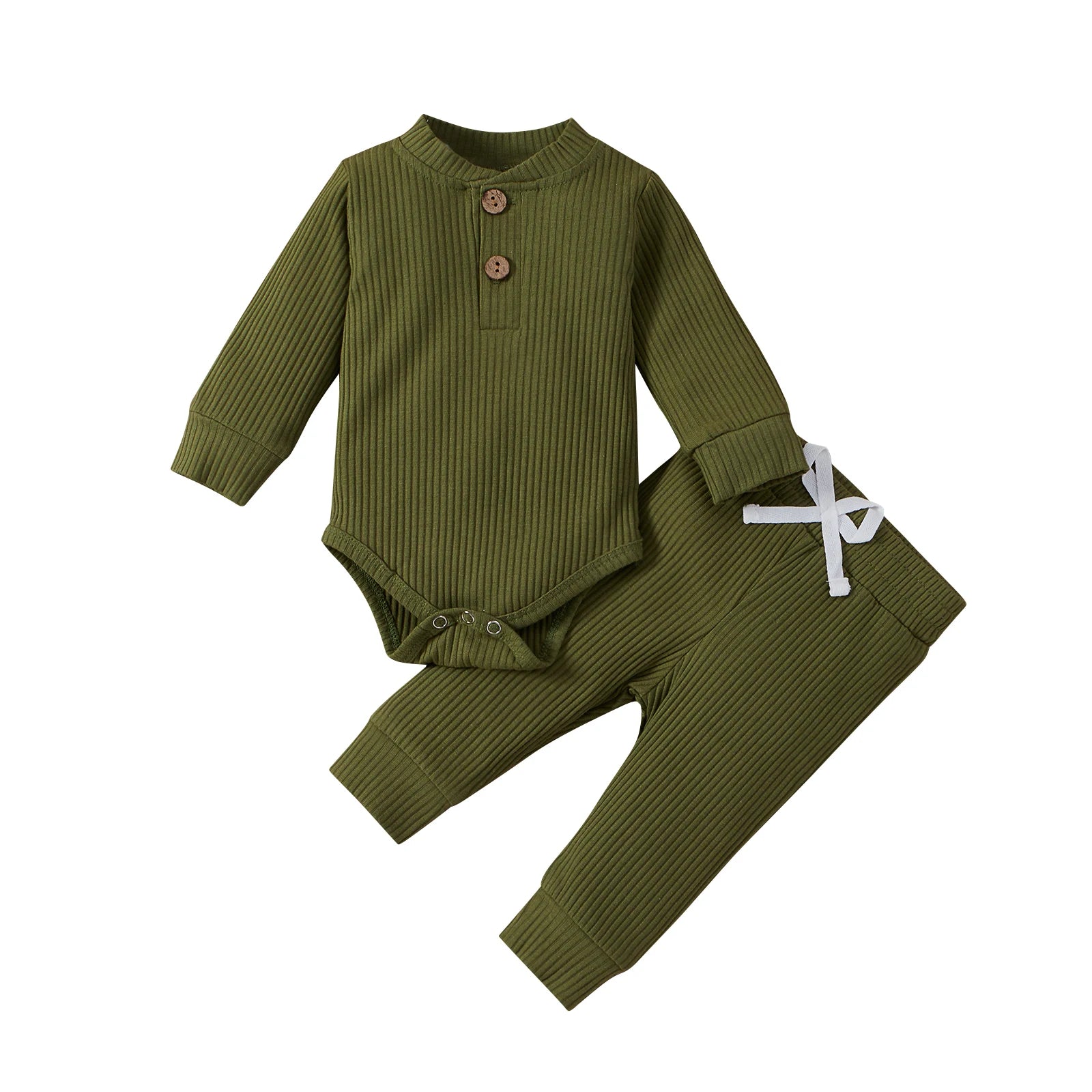 I YAN infant baby girl and boy spring autumn ribbed and plaid solid long sleeve bodysuits with elastic pants, 2-piece outfit set