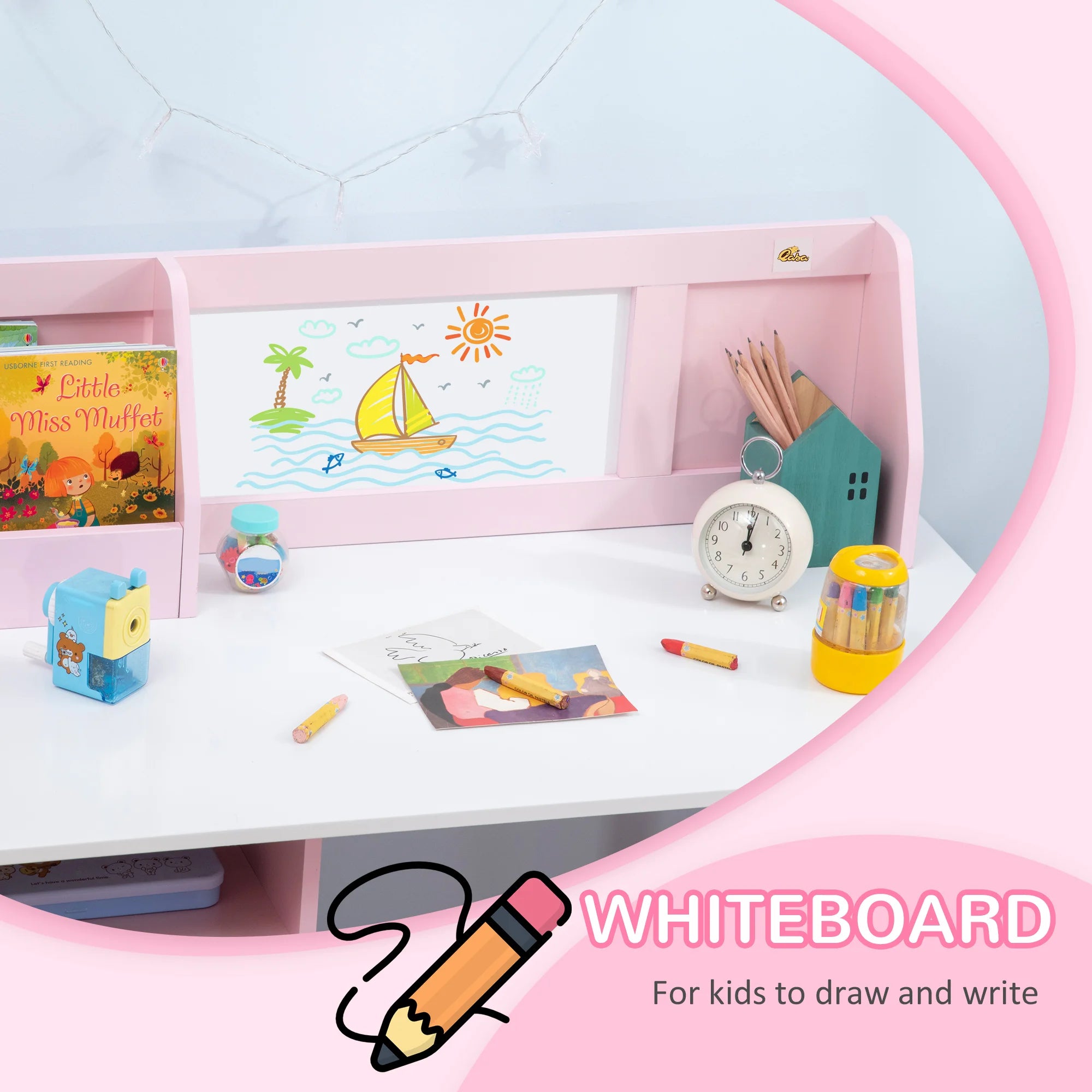Pink Qaba toddler table and chair set with whiteboard, storage cabinet, and kids writing desk for homework and play.