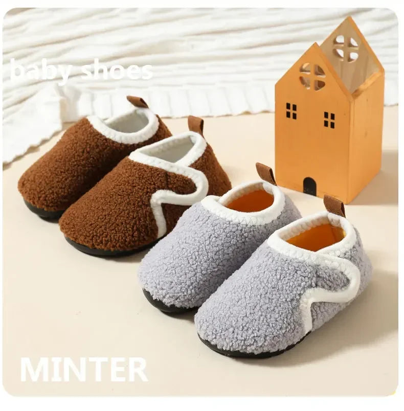 Pantuflas Child Cotton Slippers Solid Warm Kid Winter Home Shoe Boy Girl Plush Floor Shoe Indoor Soft Sole Anti-slip Cotton Shoe