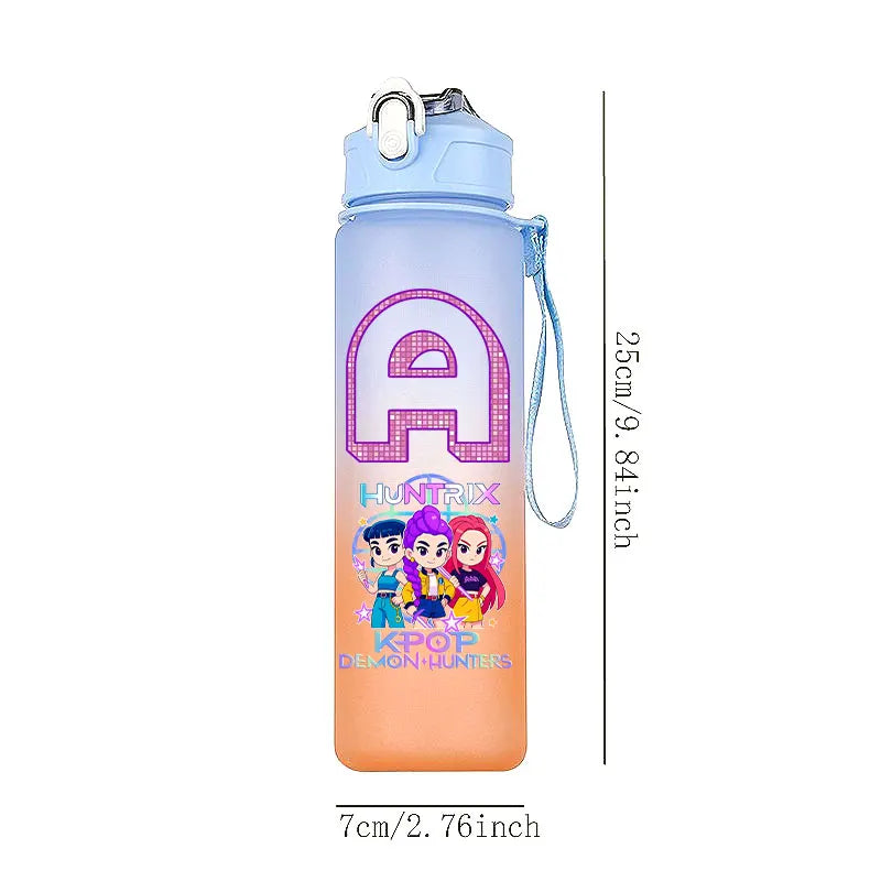 I YAN Kpop Demon Hunters 750ML water bottle featuring Warriors letter and number design for kids, ideal for school use.