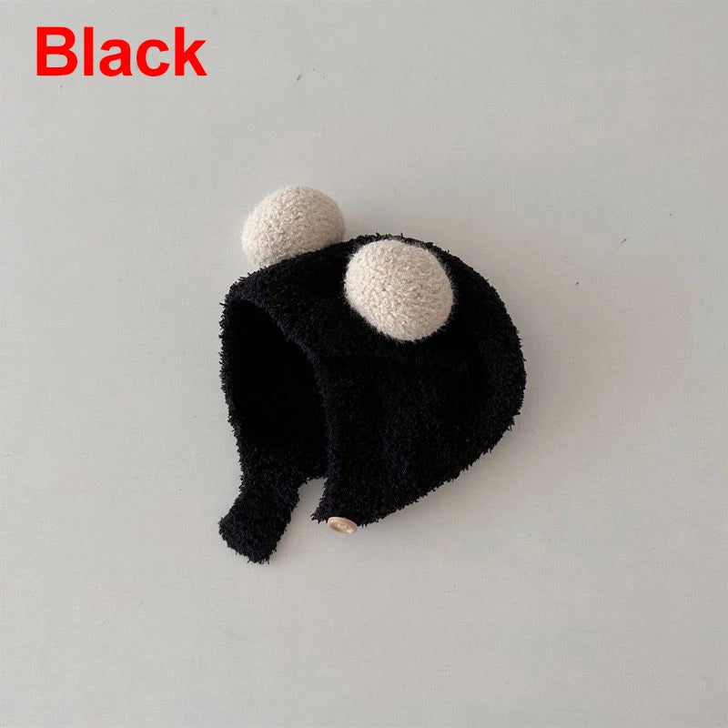 Cute Winter Warm Kids Girl Boys Baby Hats Fleece Wool Hemming Caps with Ball Solid Wool Ear Protection Hats Soft Newborn Bonnet