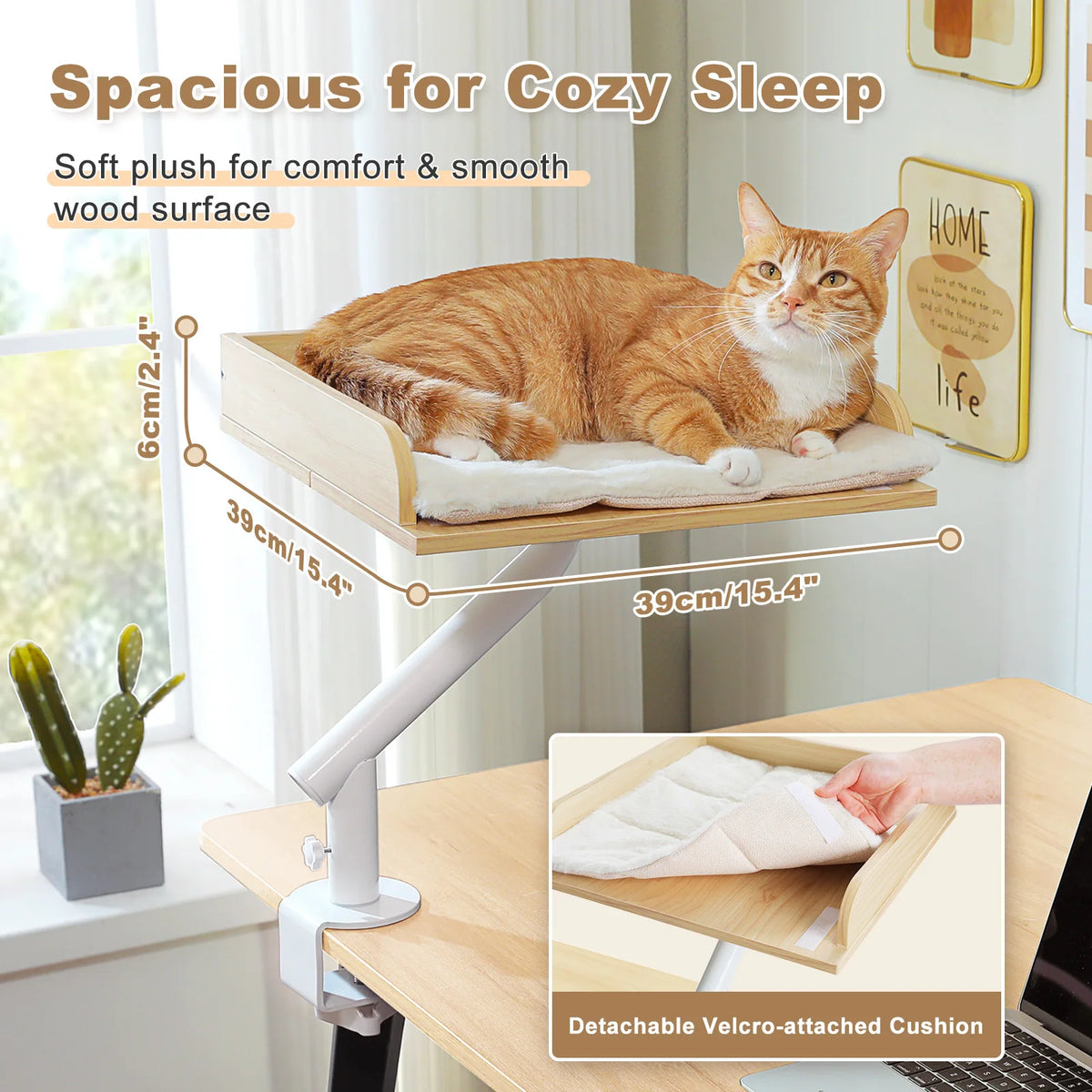 Soft I YAN cat desk bed on a table, 360° rotatable stand with adjustable hammock for indoor cats to rest comfortably.