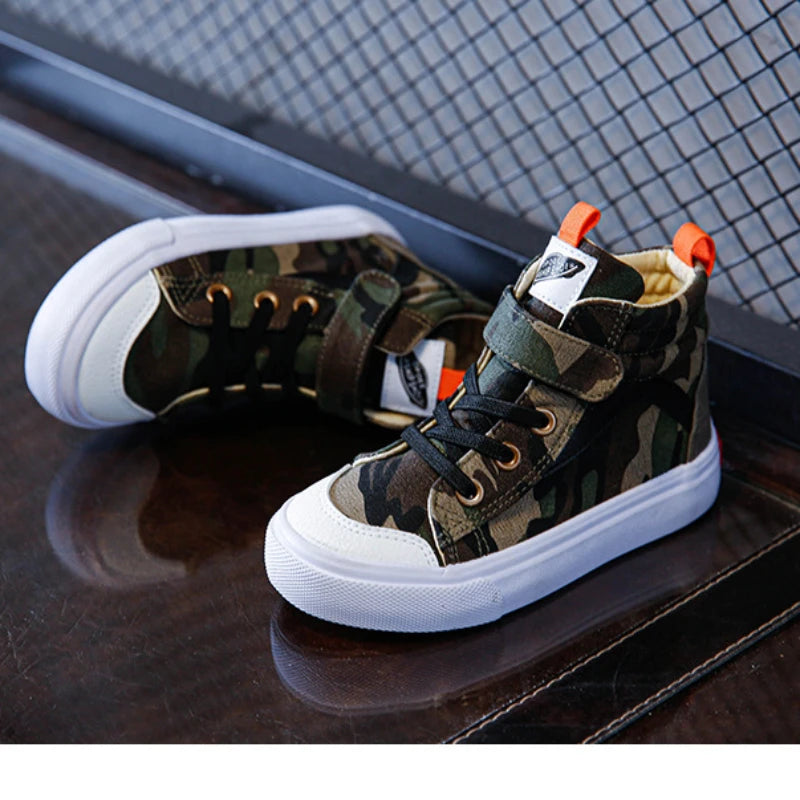Spring Autumn Canvas Board Shoes Children Camouflage Flat Bottom Casual Shoes Boys Girls High Top Breathable Kid Sprint Sneakers