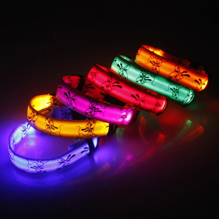 Bright LED dog collar by I YAN with luminous nylon strap for night safety and visibility on pets during evening walks.