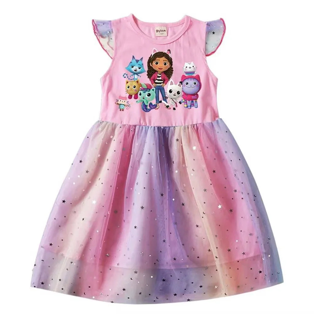 Summer Girls Daily Dresses Fly-sleeve Mesh Star Princess Dress Children's Cartoon Gaby Cosplay Costume+Headband Birthday Gift