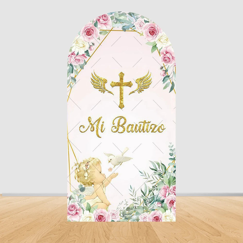 First Communion Arch Backdrop Cover Flowers God Bless Holy Cross Dove Girl Boy Baptism Baby Shower Decor Arched Background Props