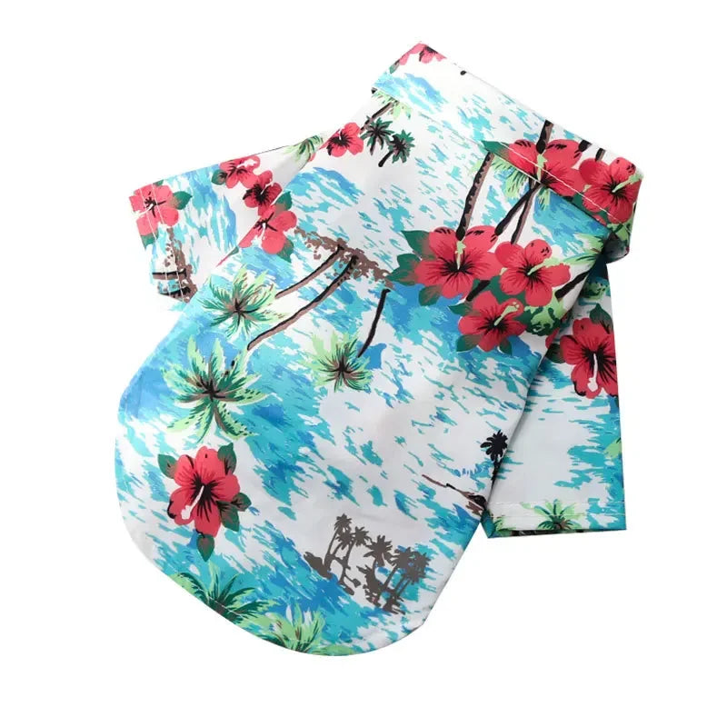 Hawaiian style summer pet dog shirt for small and medium dogs, featuring tropical print, by I YAN for puppies, pugs, and French Bulldogs.