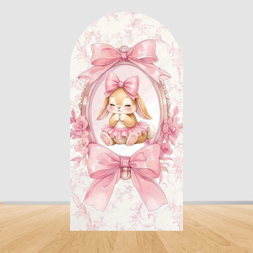 Little Rabbit Pink Flower Bow Baby Girl Birthday Party Arch Backdrop Cover Bunny Baby Shower Arched Photo Background Decor Props