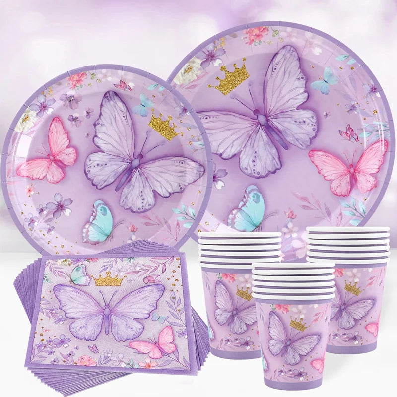 Butterfly Birthday Party Decoration Kids Girls Butterfly Party Disposable Tableware Paper Cup Plate Birthday Baby Shower Party - I YAN