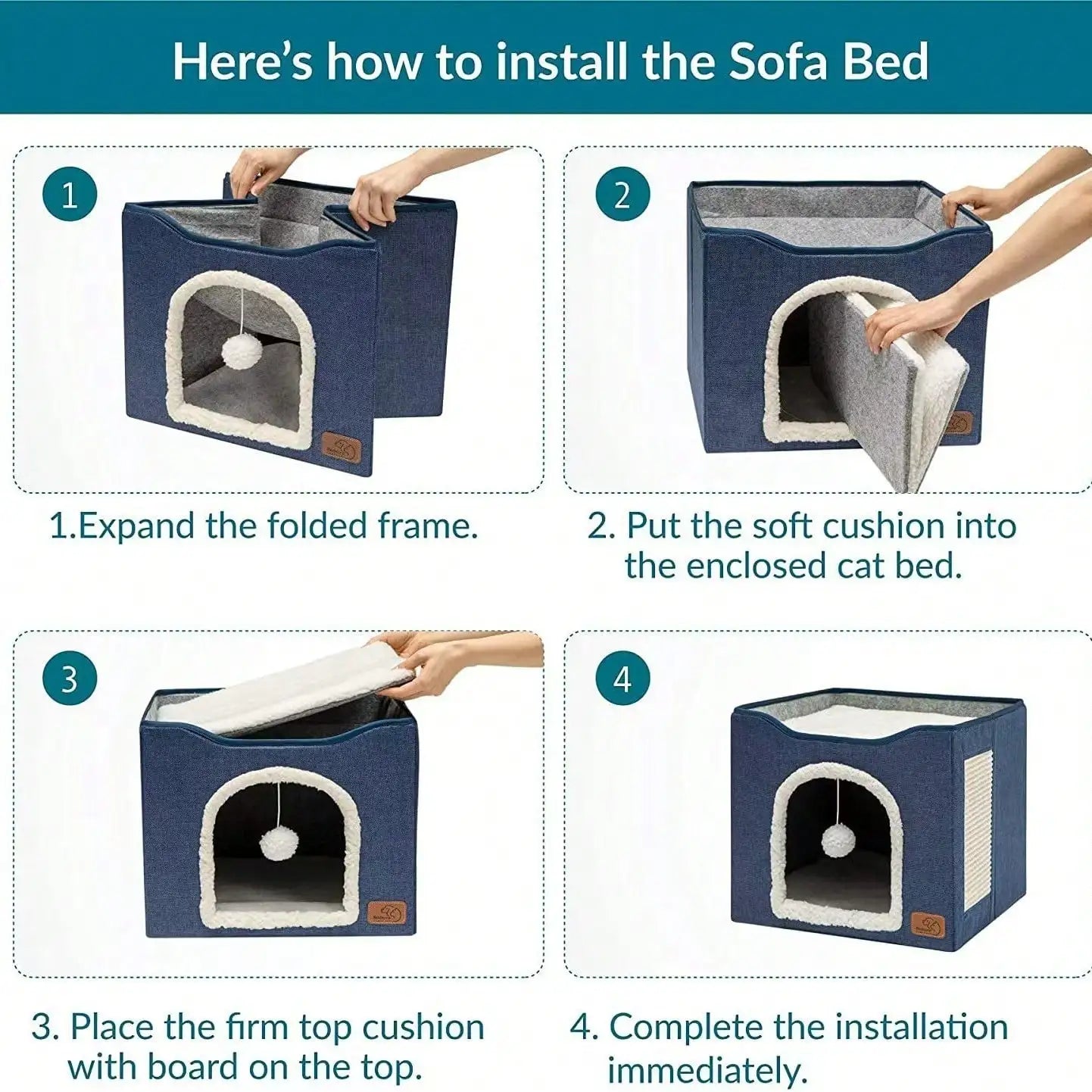 Large Foldable Cat Cave House Bed For Indoor Cats Dual Layer Cat Hideaway With Hanging Fluffy Pom Pom Toy & Built-In Sisal Scratch Pad Soft Cozy Pet Cat Nest 16.5×16.5×13 Inches Grey