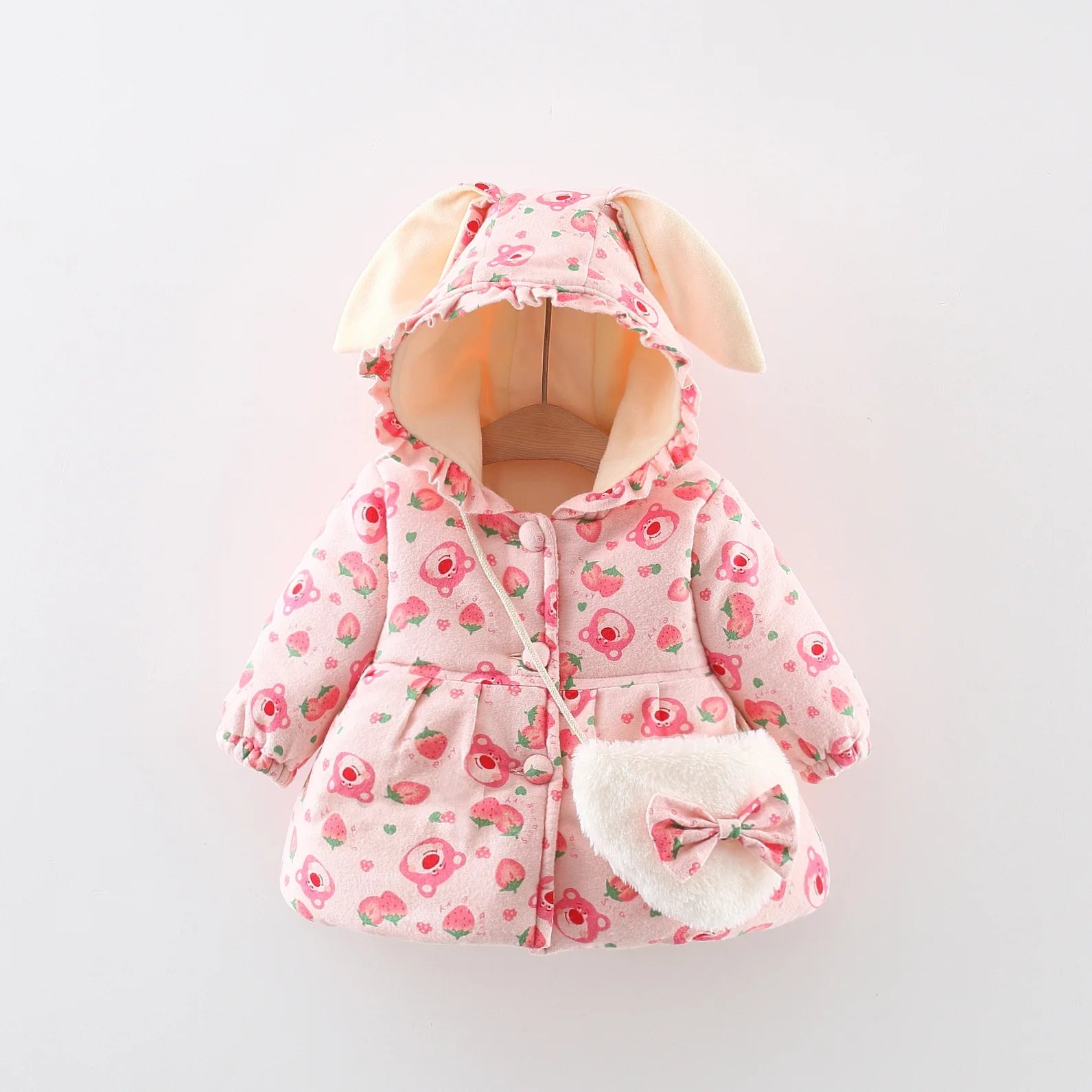 Winter Girls' Cotton Jacket, New Cute Children's Clothing, Solid Color Printed Girls' Cotton Jacket, Rabbit Ear Hooded Bag Gift
