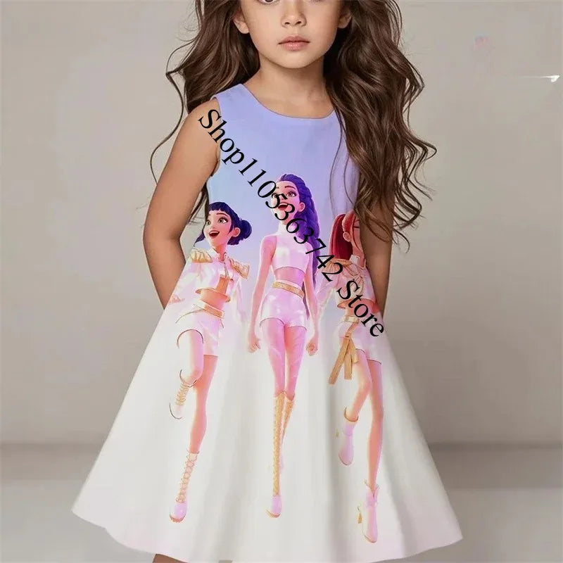 Girls Demon Hunters Kpop Dress 2026 Summer Kids Print Casual Beach Sleepwear  FashionKids Birthday Party Cosplay Costume 3-12Y