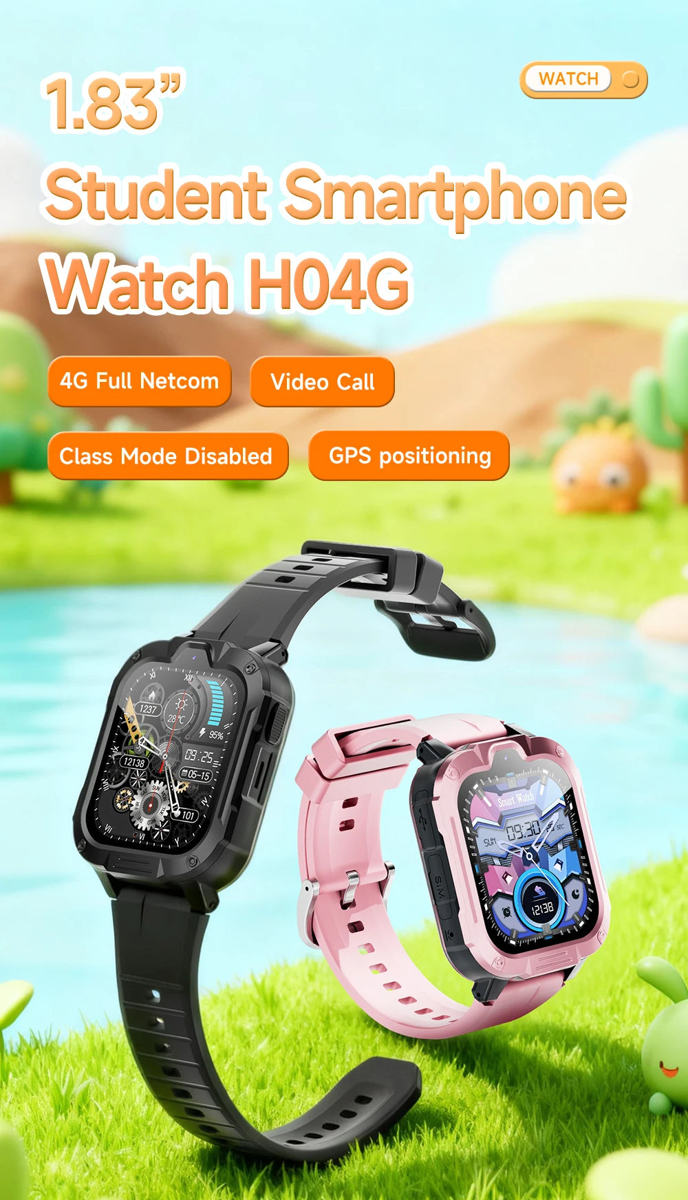 I YAN kids' smartwatch with GPS, WiFi, and video call feature, showing the device with a colorful display and 800mAh battery