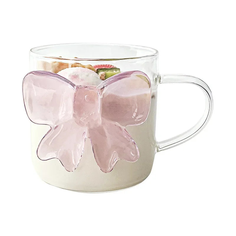 Transparent Glass Cup with Pink Bow Decor 1 Piece 13oz 400ml Creative Cute Lovely Coffee Glass Mug for Besties Girl