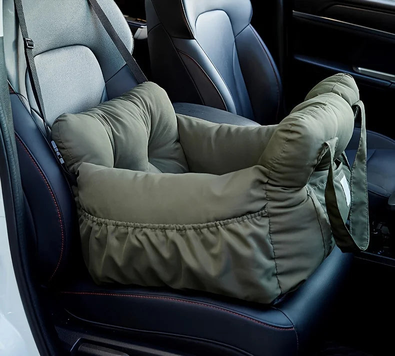 Dog car seat with safety belt by I YAN, non-slip travel carrier designed for small dogs, secured and comfortable for car trips.