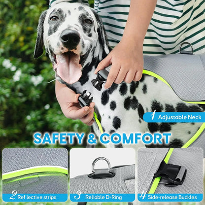 Dog cooling vest with two gel ice packs by I YAN, featuring evaporative and ice pack cooling for small, medium, and large dogs.