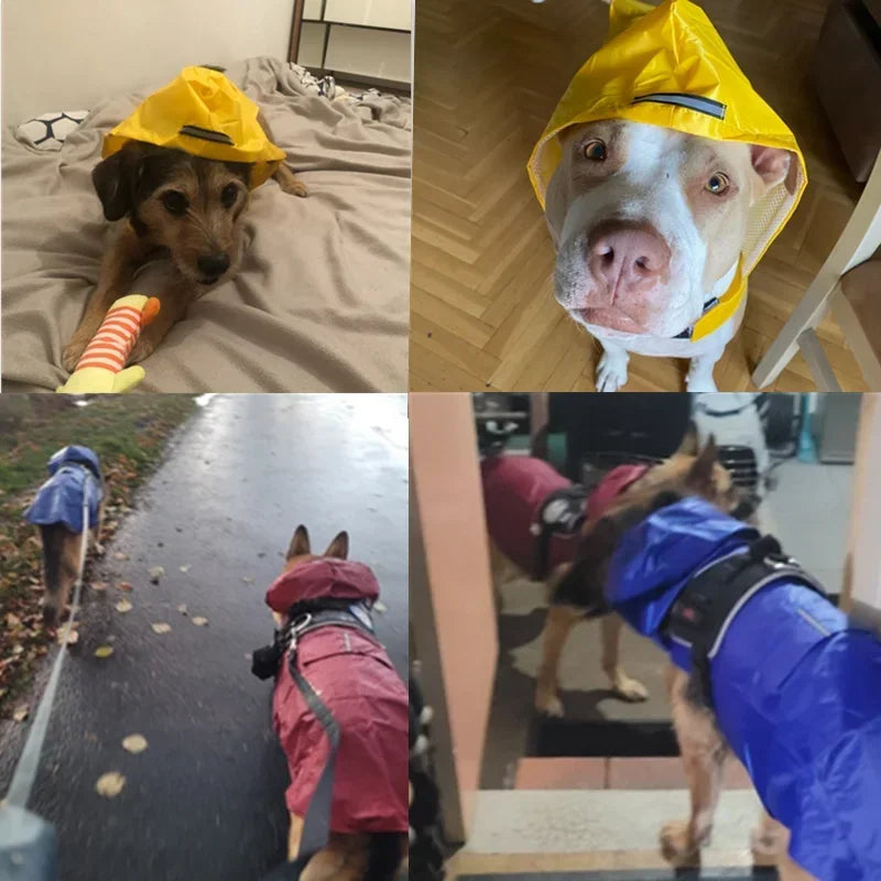 I YAN waterproof dog raincoat hoodie with reflective stripe, suitable for all sizes, designed to keep pets dry in rain.